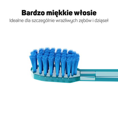 Zbliżenie na bardzo miękkie niebieskie włosie końcówki Tesla – dla wrażliwych zębów i podrażnionych dziąseł