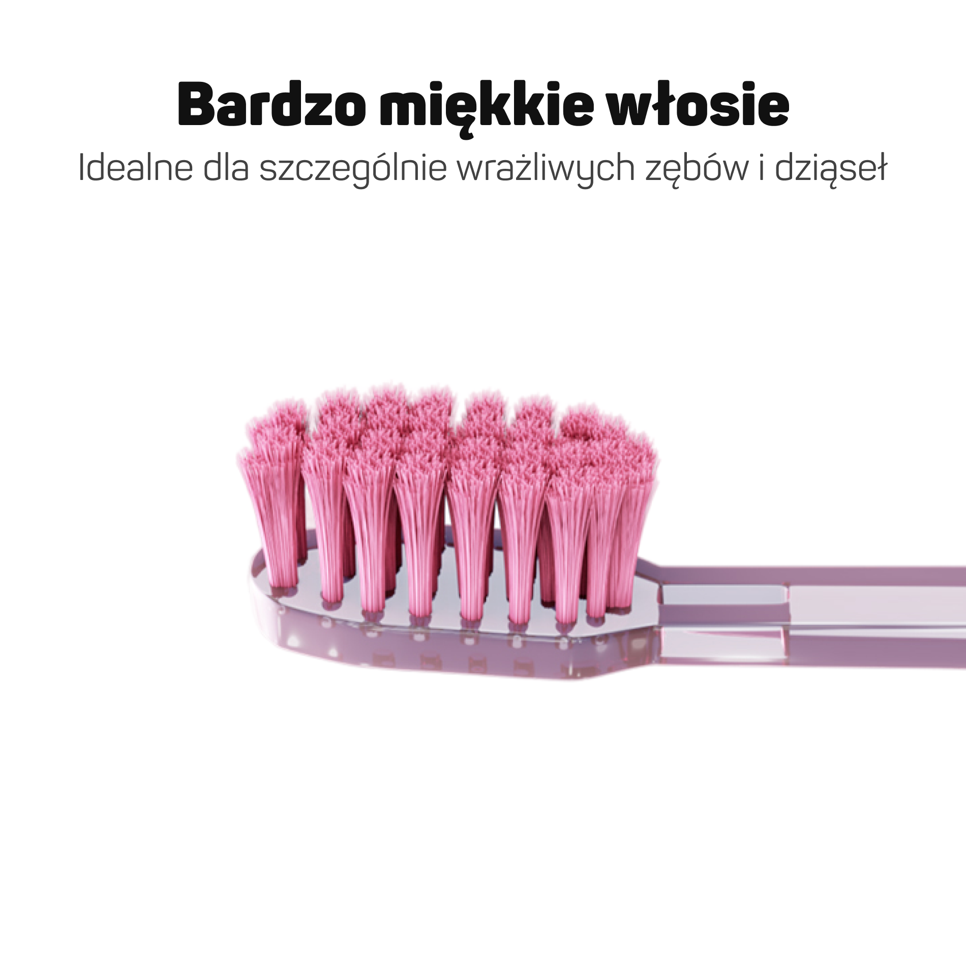 Zbliżenie na bardzo miękkie różowe włosie końcówki Tesla – dla wrażliwych zębów i podrażnionych dziąseł