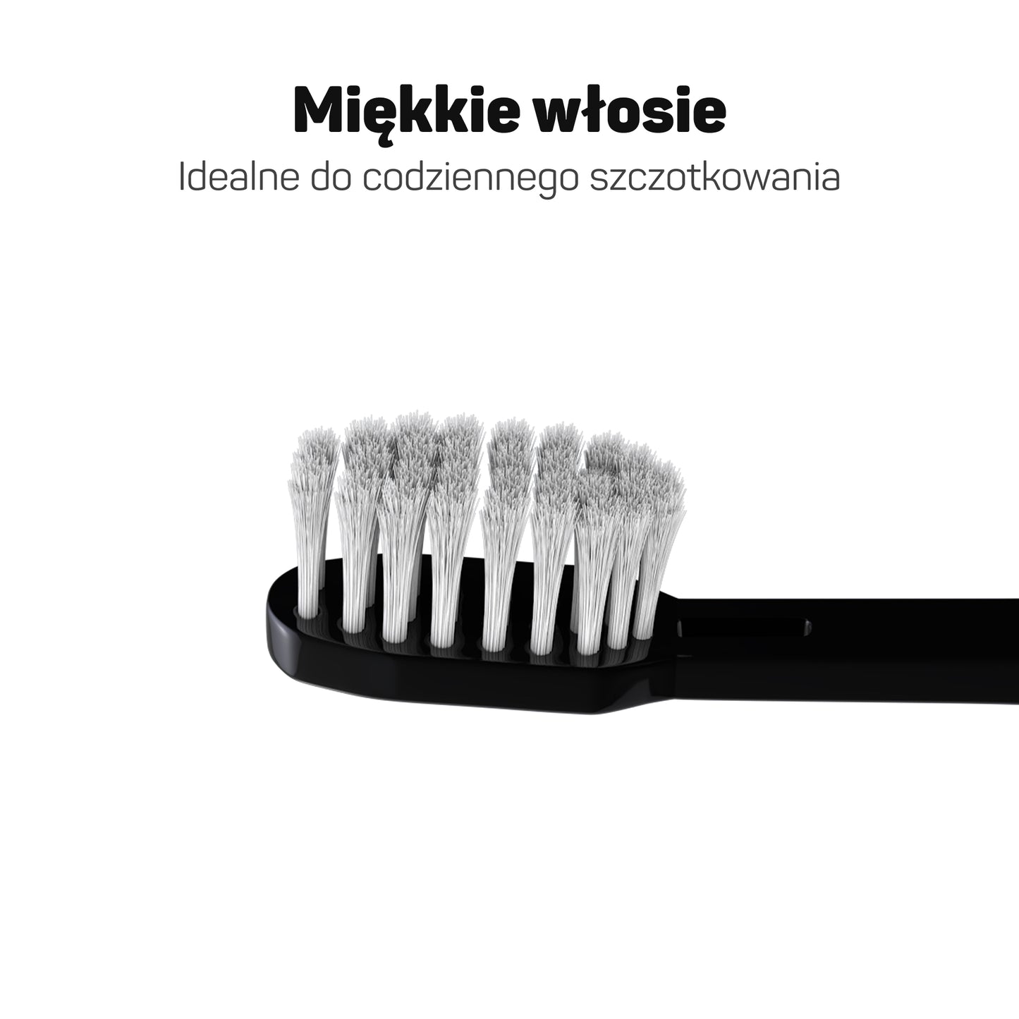 Zbliżenie na miękkie stożkowe włosie czarnej końcówki Tesla Premium – delikatna końcówka do wrażliwych dziąseł, codzienna pielęgnacja zębów