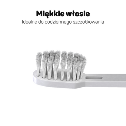Zbliżenie na miękkie stożkowe włosie białej końcówki Tesla Home – idealne do codziennej pielęgnacji zębów