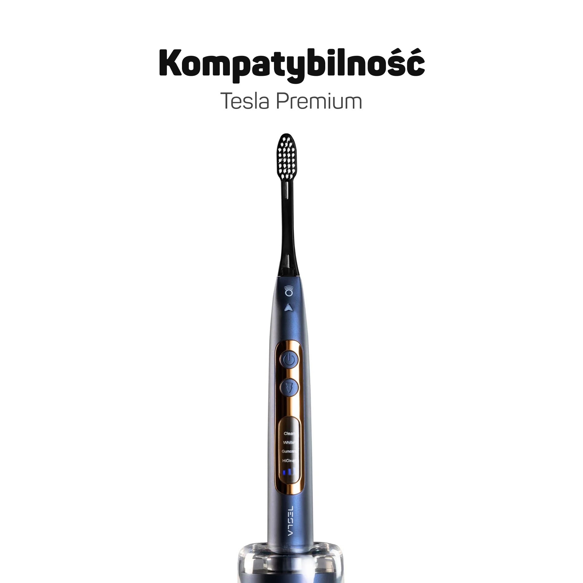 Czarna końcówka Premium założona na szczoteczkę elektryczną Tesla Premium – pasujące końcówki wymienne do modelu Tesla Premium i Home