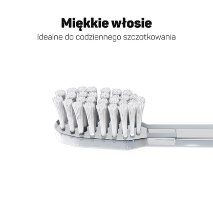 Zbliżenie na miękkie stożkowe włosie białej końcówki Tesla – delikatne dla dziąseł, Tesla Original i Premium