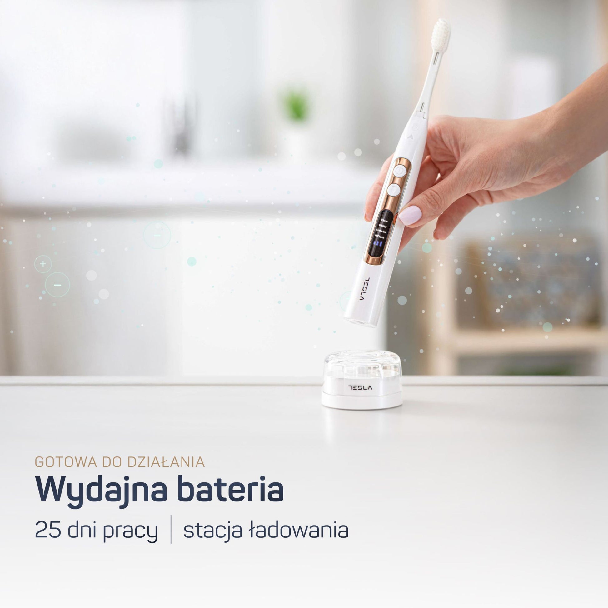 TESLA Premium perłowa biel – ergonomiczna rączka z przyciskami